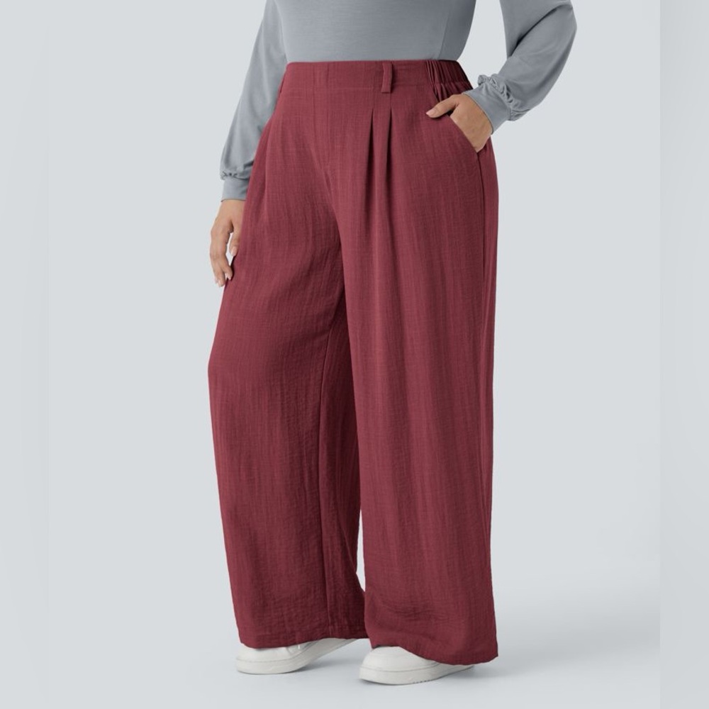 NEW Halara High Waisted Pocket Wide Leg Flowy Casual Linen-Feel Pants Red Small
